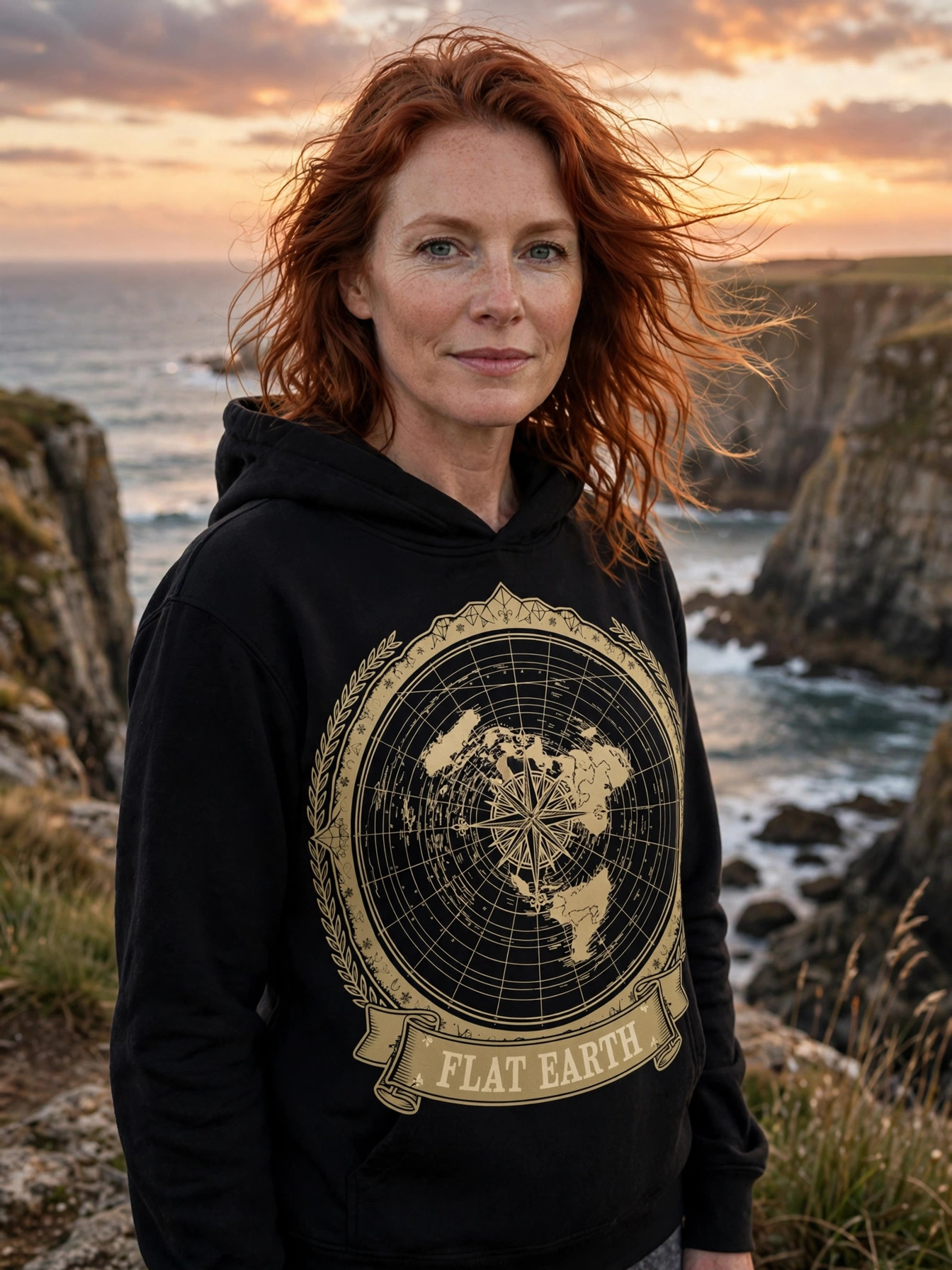 Flat Earth — Flat Earth Emblem Hoodie worn by a model