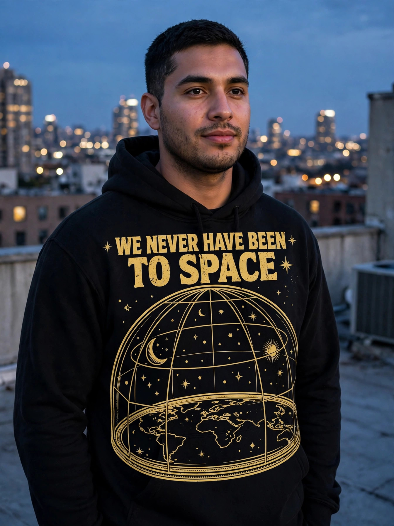 Flat Earth — We Never Have Been to Space Hoodie worn by a model