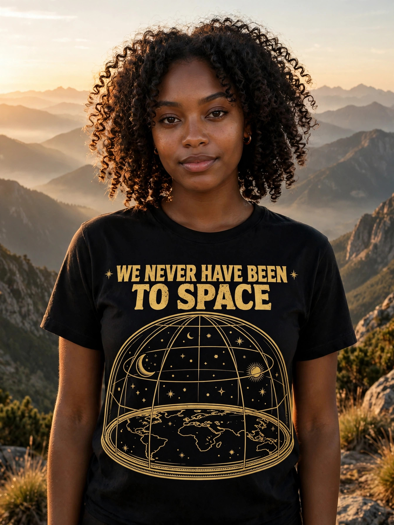 Flat Earth — We Never Have Been to Space Tee worn by a model