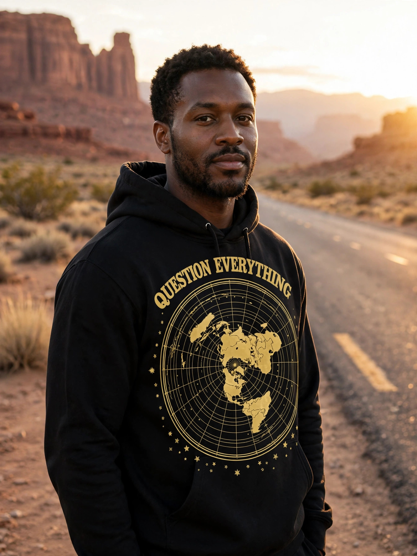 Flat Earth — Question Everything Hoodie worn by a model