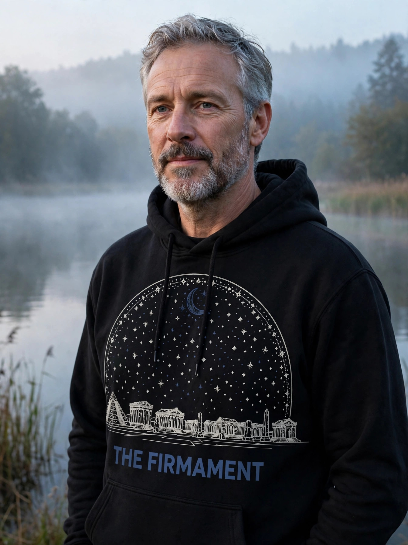 Flat Earth — The Firmament Hoodie worn by a model
