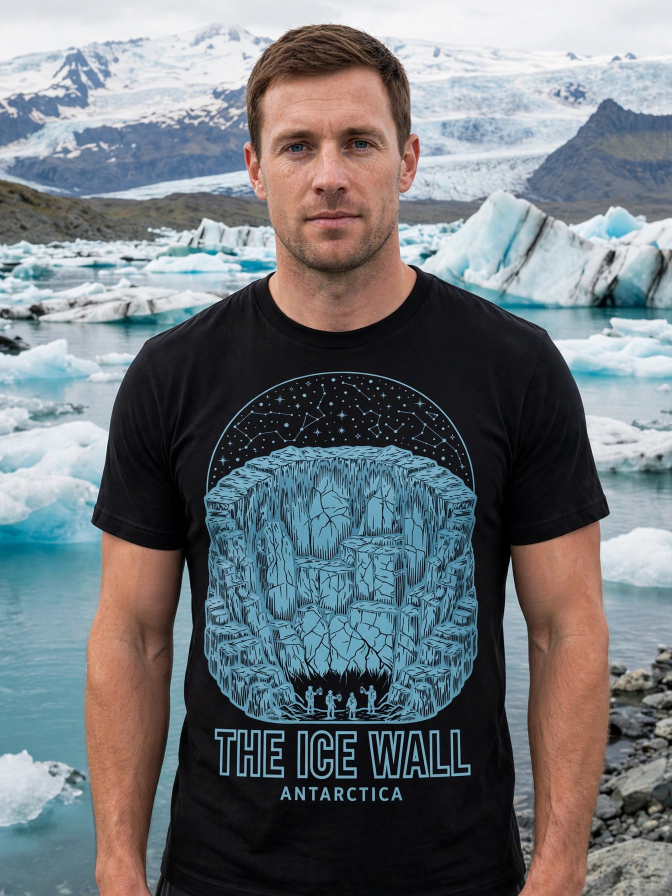 Flat Earth — The Ice Wall Tee worn by a model